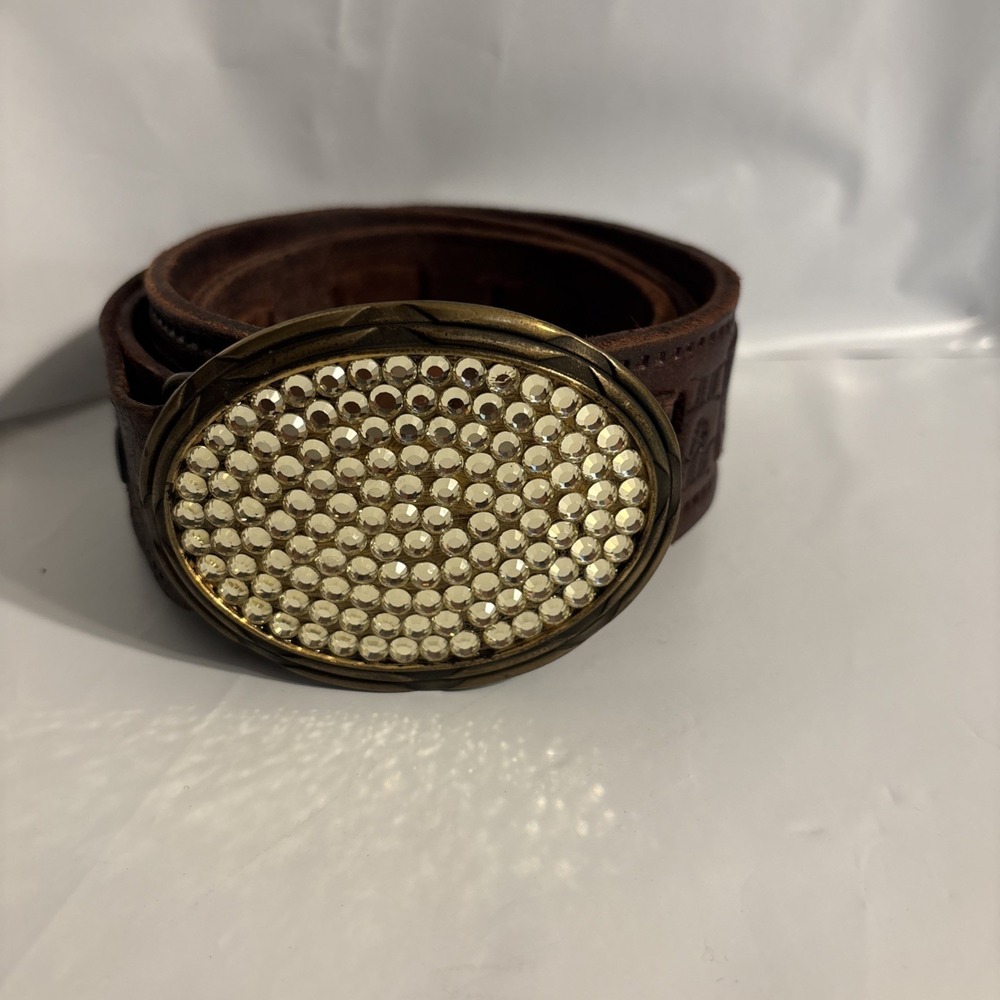Genuine Tooled Leather Tres Flores‎ Mexico STUNNING Rhinestone Belt STATEMENT